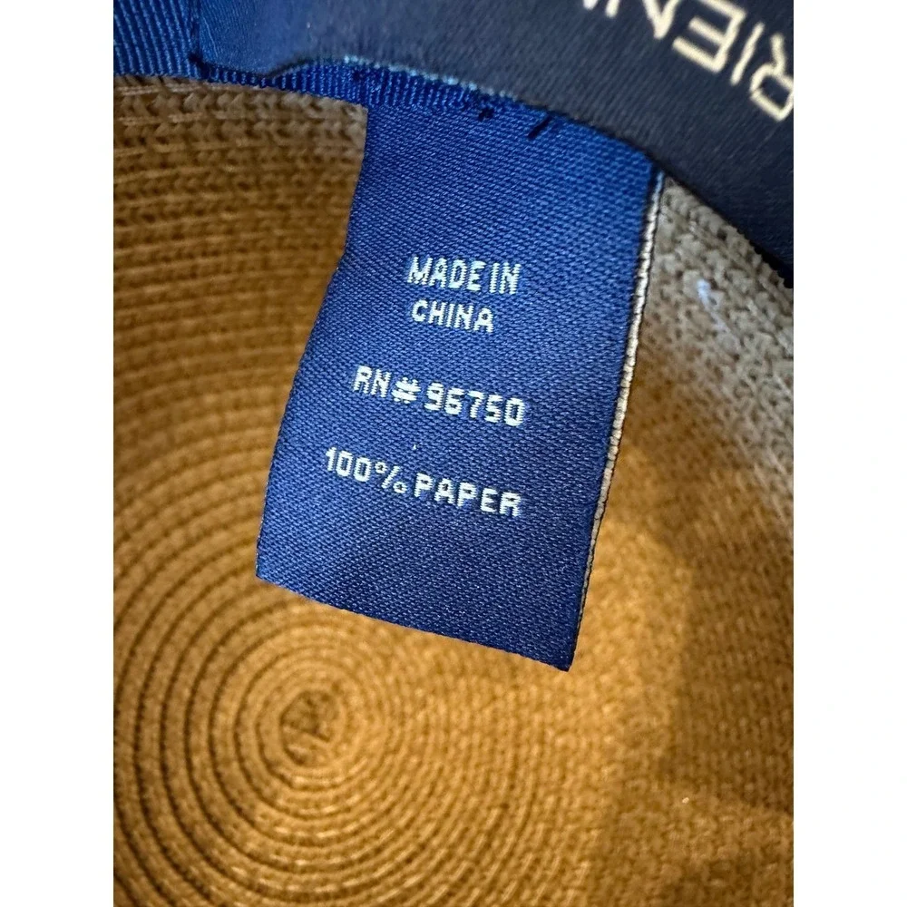 Adrienne Vittadini Tan Paper‎ Straw Sun Hat Navy Blue White Ribbon Rhinestones